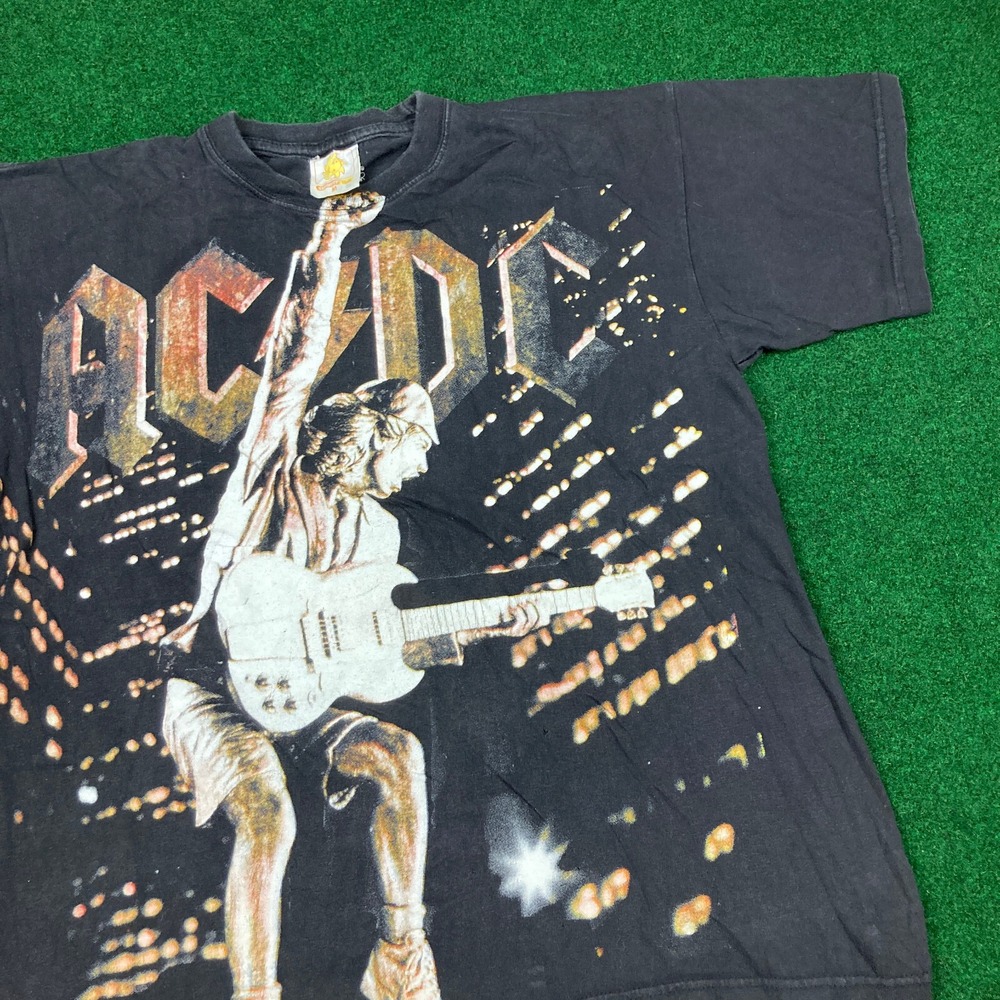 Vintage ACDC Shirt Mens M Black 2000 Stiff Upper Lip‎ Tour AOP Music Promo Y2K